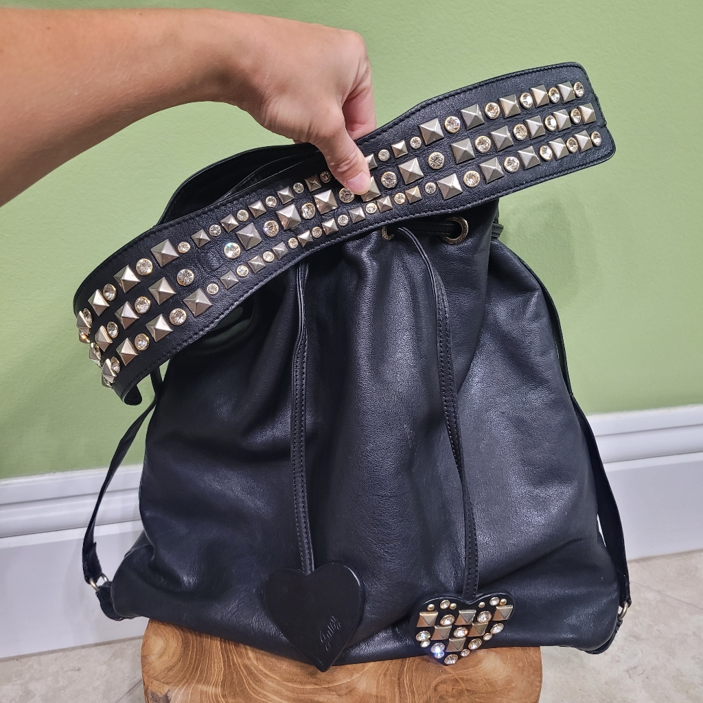 Y2k Juicy Couture Black Leather Soft Large Hobo Bag Gold Jewel Studded Shop!